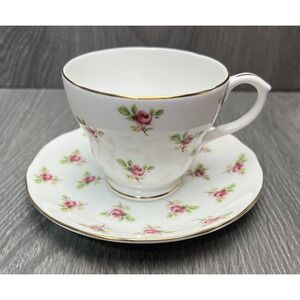 Duchess Bone China England Pink Rose Floral Teacup & Saucer Gold Trim Set